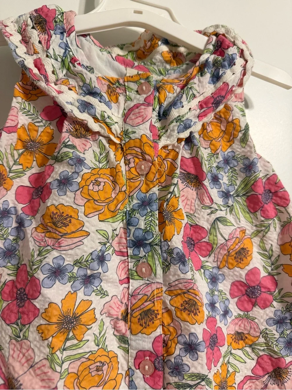 Girls Floral Ruffle Sundress in White with Pink & Orange Blooms 100% cotton